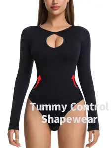 Women's Plain Long Sleeve Shapewear Bodysuit, Thong Style Three-Button Design, Slimming Tummy Control & Butt Lifting, Ladies Intimate Apparel