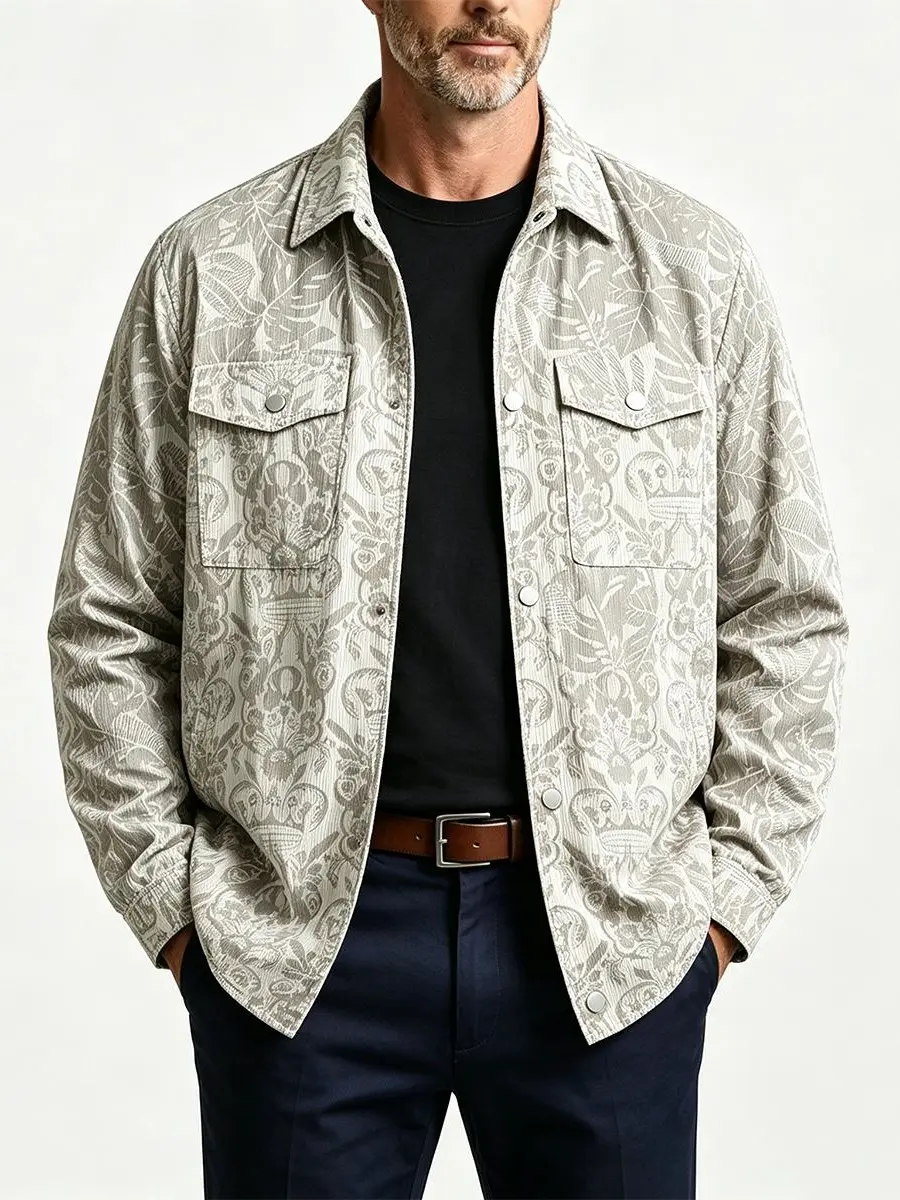 Men's Polyester Utility Jacket - Snap-Button Lapel Collar Botanical Print Long-Sleeve Overshirt with 2 Chest Flap Pockets, Lightweight Outdoor Casual Urban Daily Outerwear for Spring & Fall Streetwear