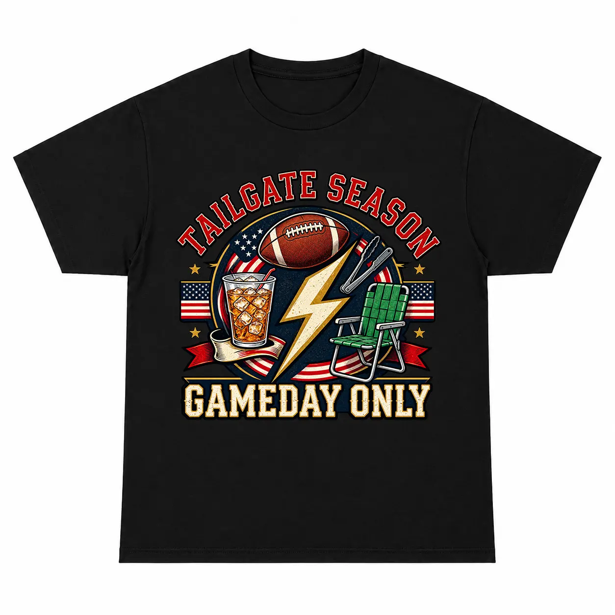 Men's Menswear Short-Sleeve Top T-Shirt, Vintage Football Graphic Tee with American Flag, Folding Chair & Drink, for Football Fans, Tailgating Parties, Holiday Gifts