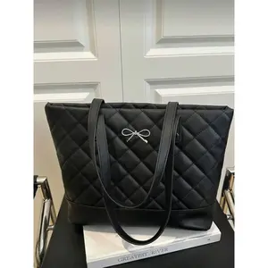 Large Capacity Diamond Pattern Solid Color Bow Handbag, Casual Simple Fashion Tote Bag, 2026 New Women's Stylish Bow Wallet