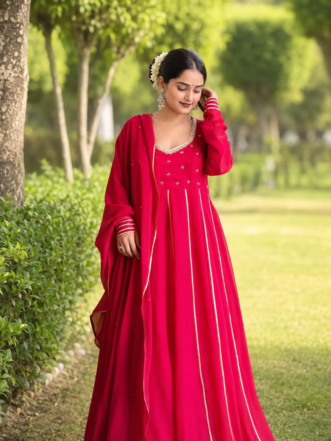 Luxury Red Georgette Anarkali Set – Gota Work, Hand Embroidered Koti & Pink Dupatta