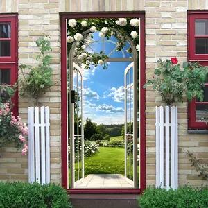 2pcs Stereoscopic Simulated Decorative Door Wall Sticker European Landscape Decal Self Adhesive Wallpaper for Living Room Bedroom Entrance Fake Window Visual Extension Removable Eco Friendly PVC Home Dec