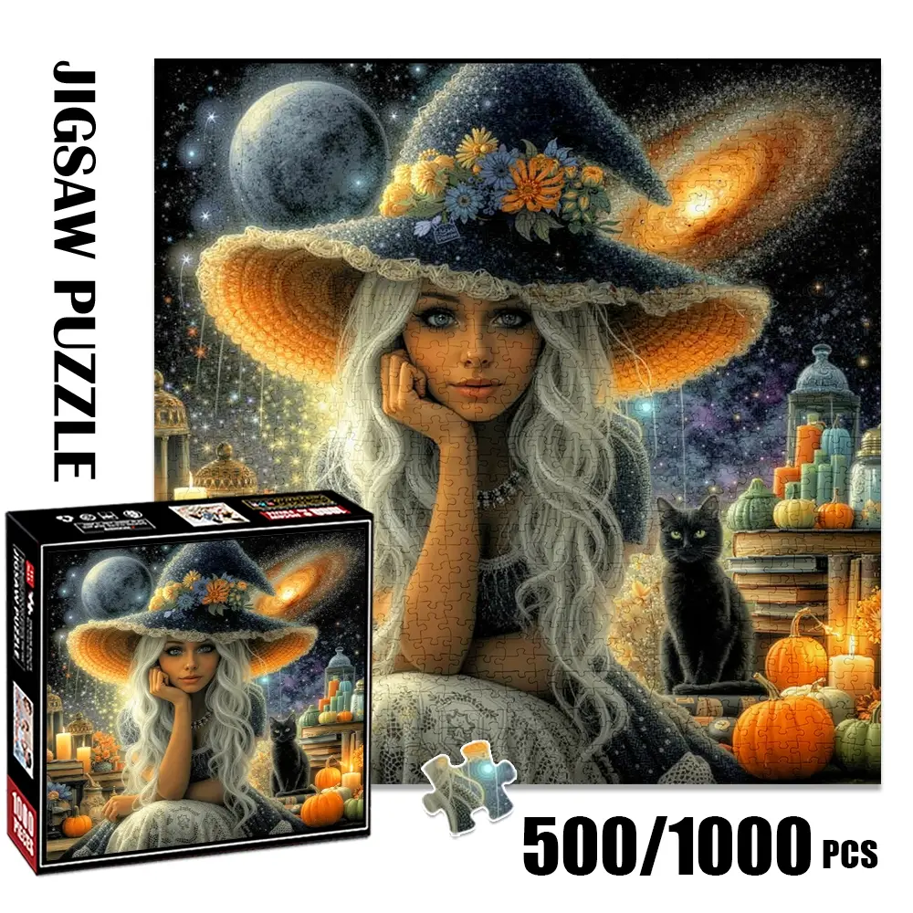 1pc 1000 piece adult puzzle 58x58cm Witch with Flower - Adorned Hat, Black Cat, Pumpkins and Starry Background 500 pieces of paper puzzle, suitable for adults and families, large-scale DIY puzzl