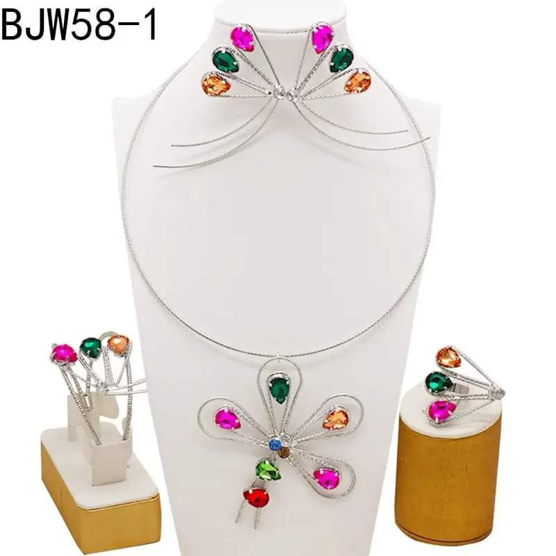 Costume Jewelry Set BJW58-1 with Colorful Gemstones Necklace Earrings and Rings on Display Stand
