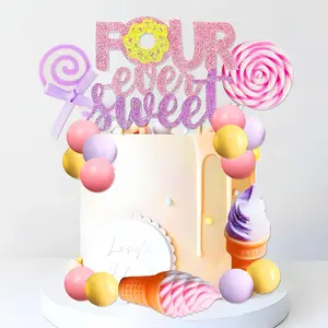 LaVenty Four Ever Sweet Cake Topper Donut 4th Birthday Party Decorations Donut Ice Cream Party Cake Decor for Sweet Dessert Theme Birthday Party Supplies