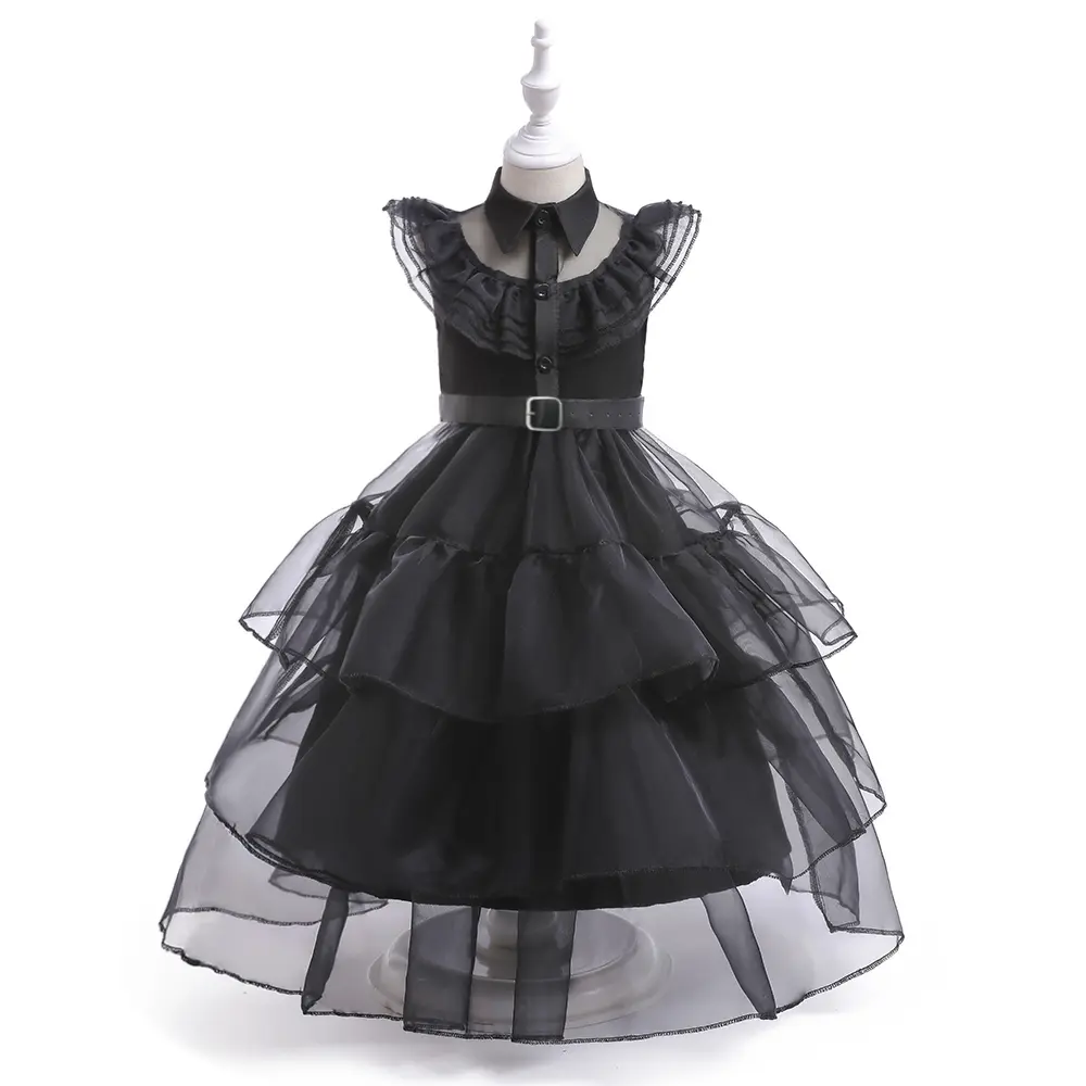3-10Y Black Kids Clothes with Belt 003 Role-playing Cartoon Cosplay Costume Fancy Carnival Stage Performance Princess Theme Holiday Party Frock Girls Long Ball Gown Children Dresses for All Season