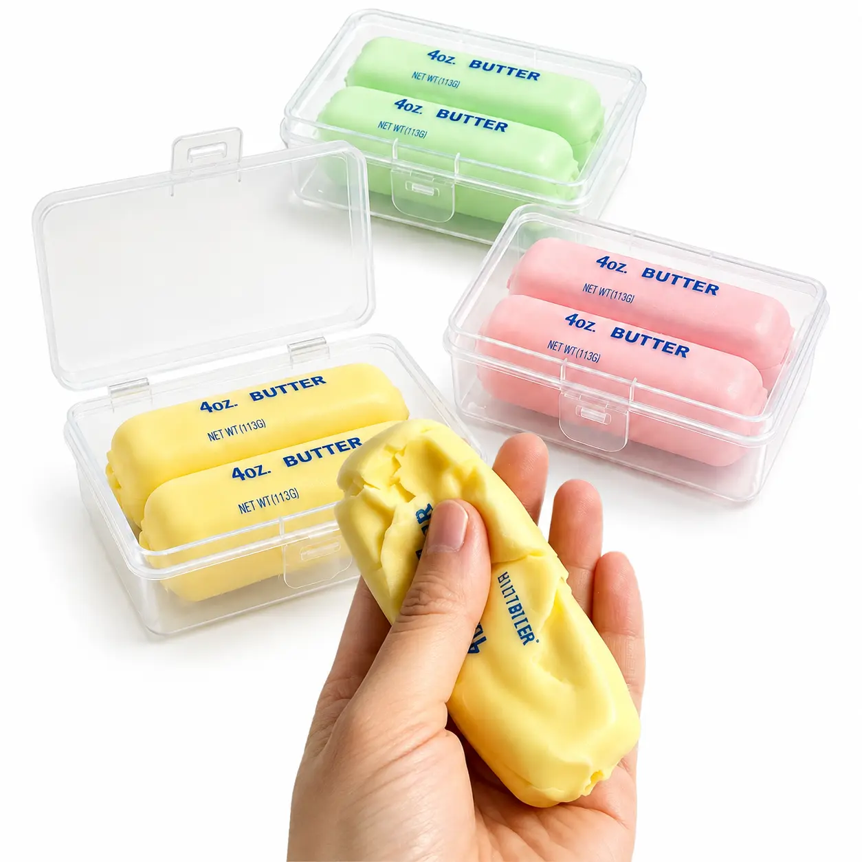 [Dealsforyou] Soft Plastic Butter-Shaped Squishy Set, Palm-Size Squeeze Fidget Toy with Clear Case, 2-Piece Same-Color or 3-Piece Mixed Set