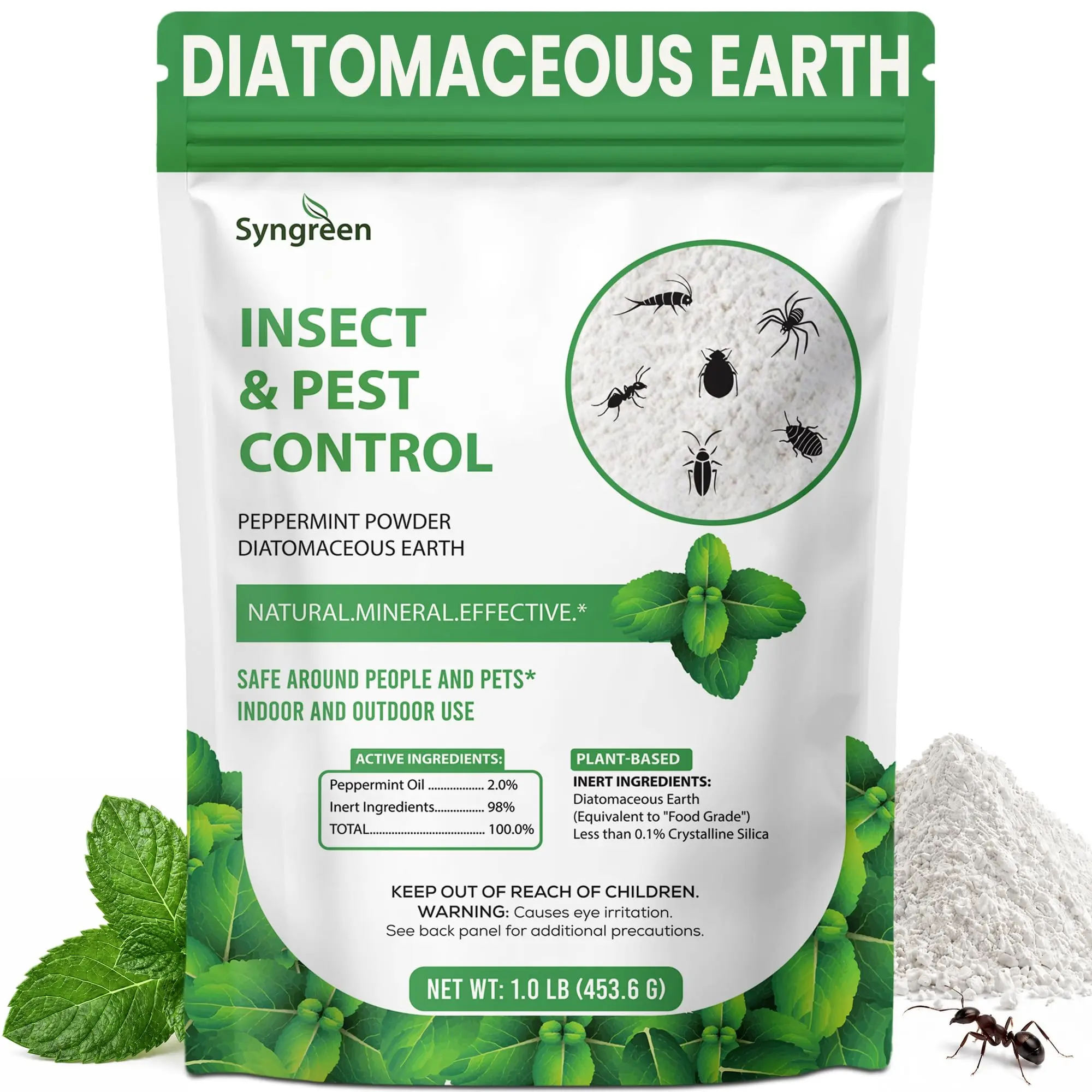1 lb Food Grade Diatomaceous Earth Powder with Peppermint & Oil - Multi-Insect Control, Cockroach, Bed Bug & Ant Killer for Indoor & Outdoor Pest Barrier Protection