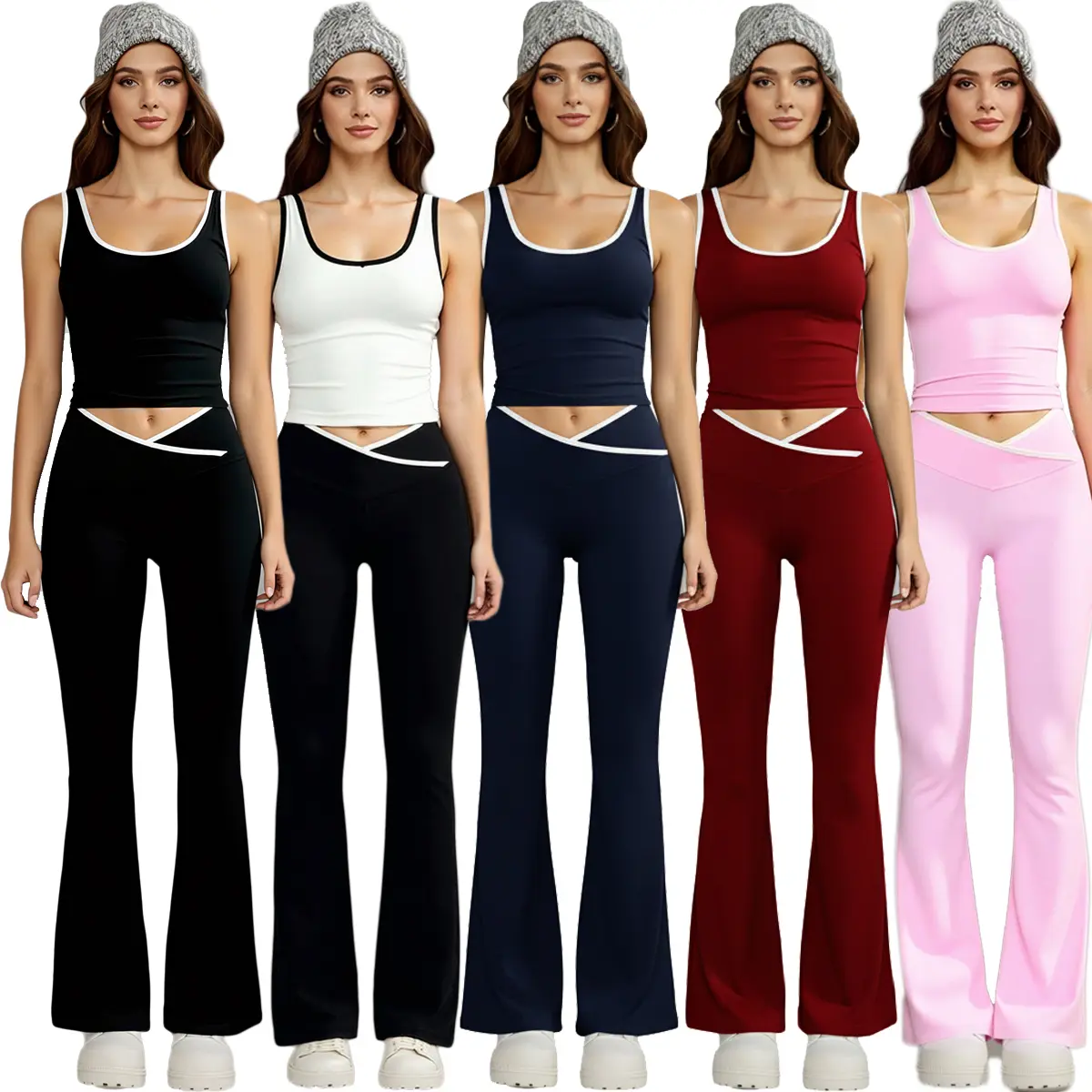 Women's 2-Piece Athletic Sporty Style Workout Set, Colorblock Contrast Binding Crop Tank Top & Flare Leggings with Crossover V-Cut, Breathable Activewear for Gym, All-Season Comfortable Fit, 2 Piece Sets, Workout Sets For Women, Women 2 Piece Sets
