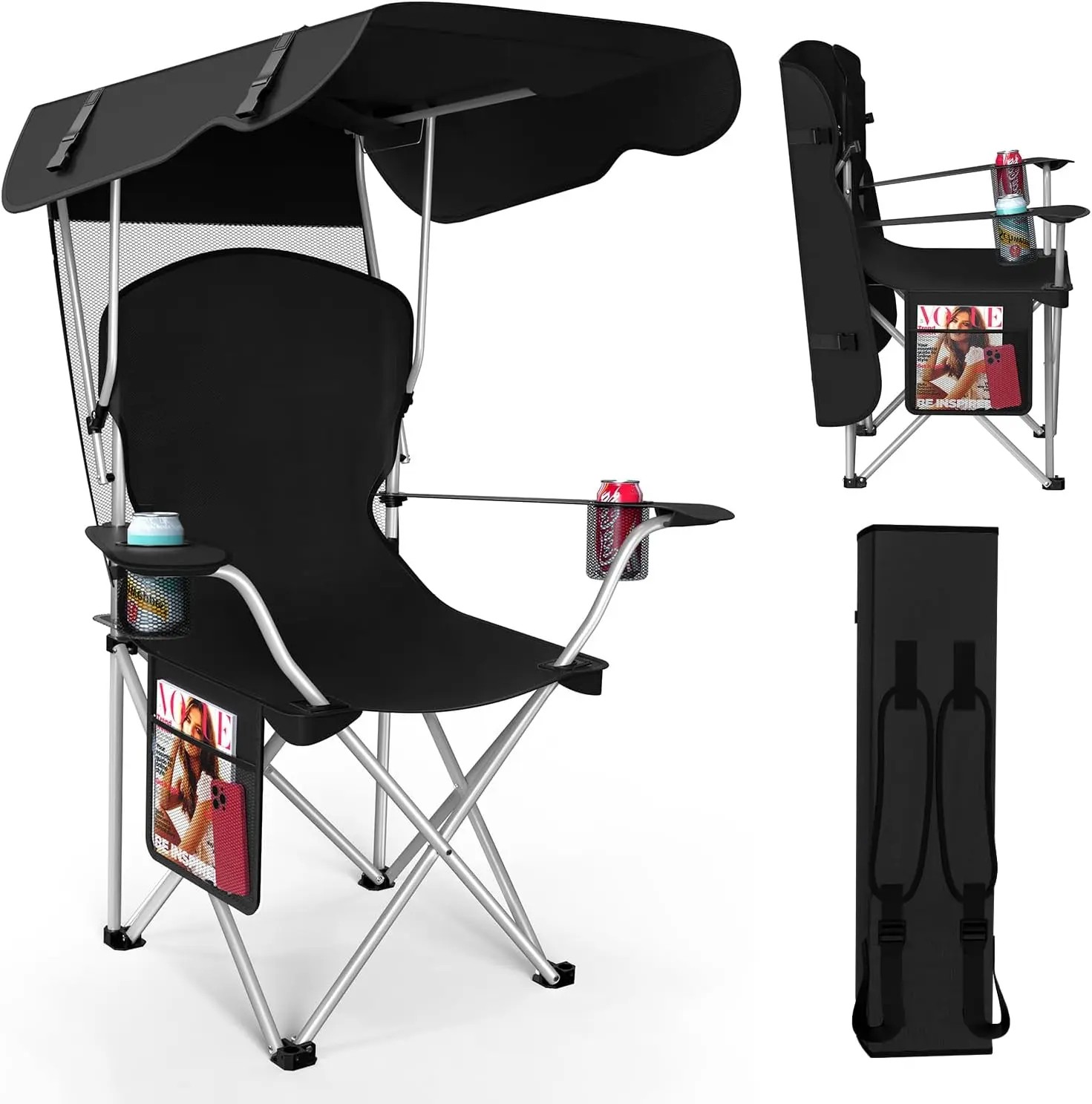 Portable Folding Camping Chair with Canopy, Outdoor Sun Shade Chair | Durable 600D Oxford Fabric, Ideal for Camping, Beach, Picnic, Fishing and Outdoor