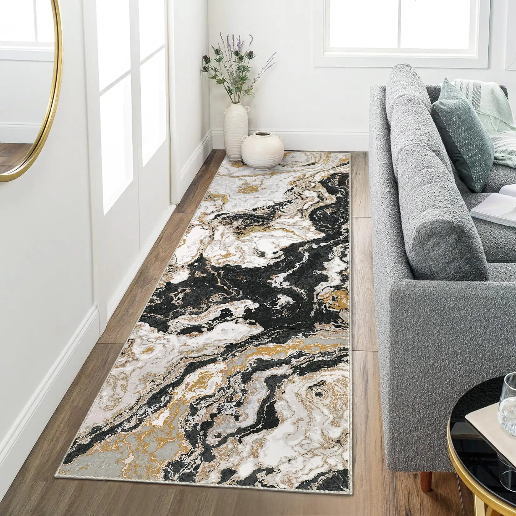 5x7ft Polyester Stylish Black Marbling Indoor Floor Rug, Low Pile Abstract Pattern Kitchen Runner, Machine Washable Non-Slip TPR Rubber Stays Put Grip Plush Underfoot Indoor Furniture Accessory, Machine Washable Rugs, Low Pile Rugs