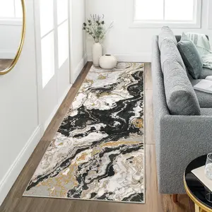 4x6ft Black Modern Abstract Marble Look Runner Rug, Washable Non-Slip Indoor Kitchen Furniture Accessory