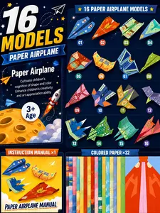 Paper Airplane Kit for Kids & Adults: 32 Sheets Colored Origami Paper with 16 Unique Aircraft Designs, Step-by-Step Instructions Included, Screen-Free DIY Craft Activity, Birthday Gift for Boys Girls, 10.24 × 7.36 inches