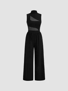 CIDER High Neck Solid Cut Out Patched Wide Leg Jumpsuit