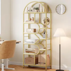 Bookshelf 6 Tier Arched Bookcase 81.7in Tall Display Racks Geometric Open Storage Shelf Unique Book Rack Metal Frame Large Modern Book Shelf for Bedroom, Living Room, Home Office