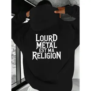 Men'S Heavy Metal Hoodie - "Loud Metal Is My Religion" Graphic, Black Casual Sweatshirt with Skull & Roses Design, Loose Fit, Long Sleeves, Heavy Metal Hoodie
