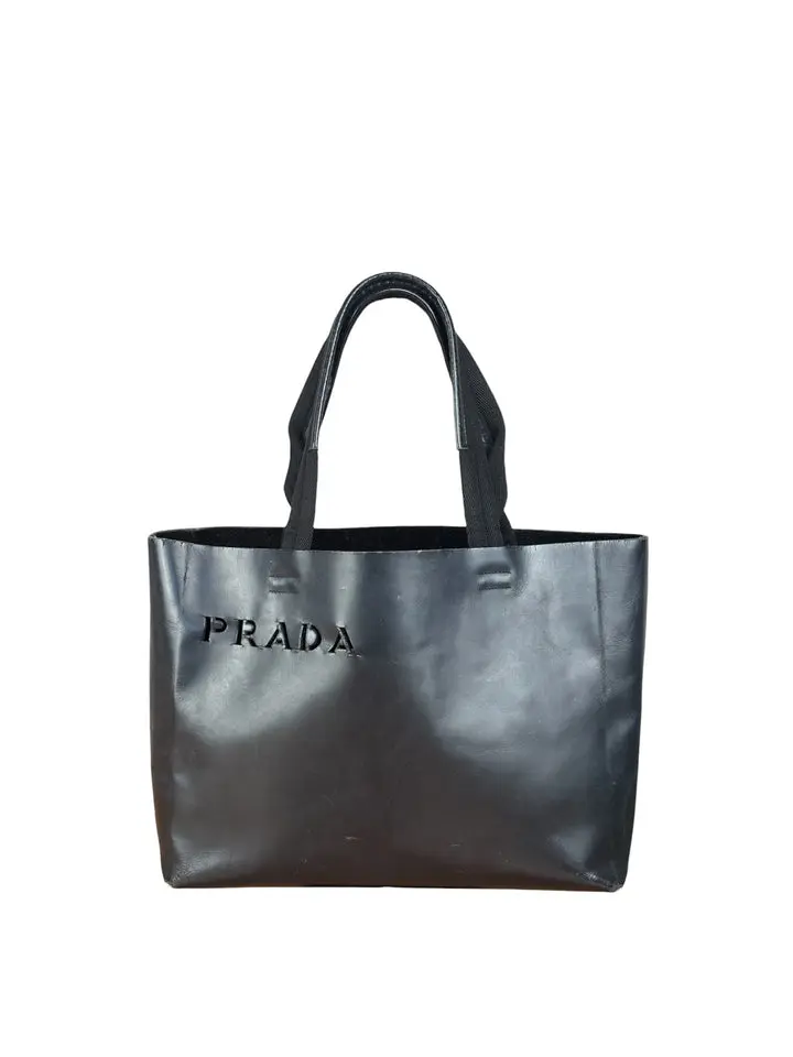 Pre-owned PRADA Leather Shoulder Bags Vintage Black Spazzolato Laser Cut Logo Tote Bag