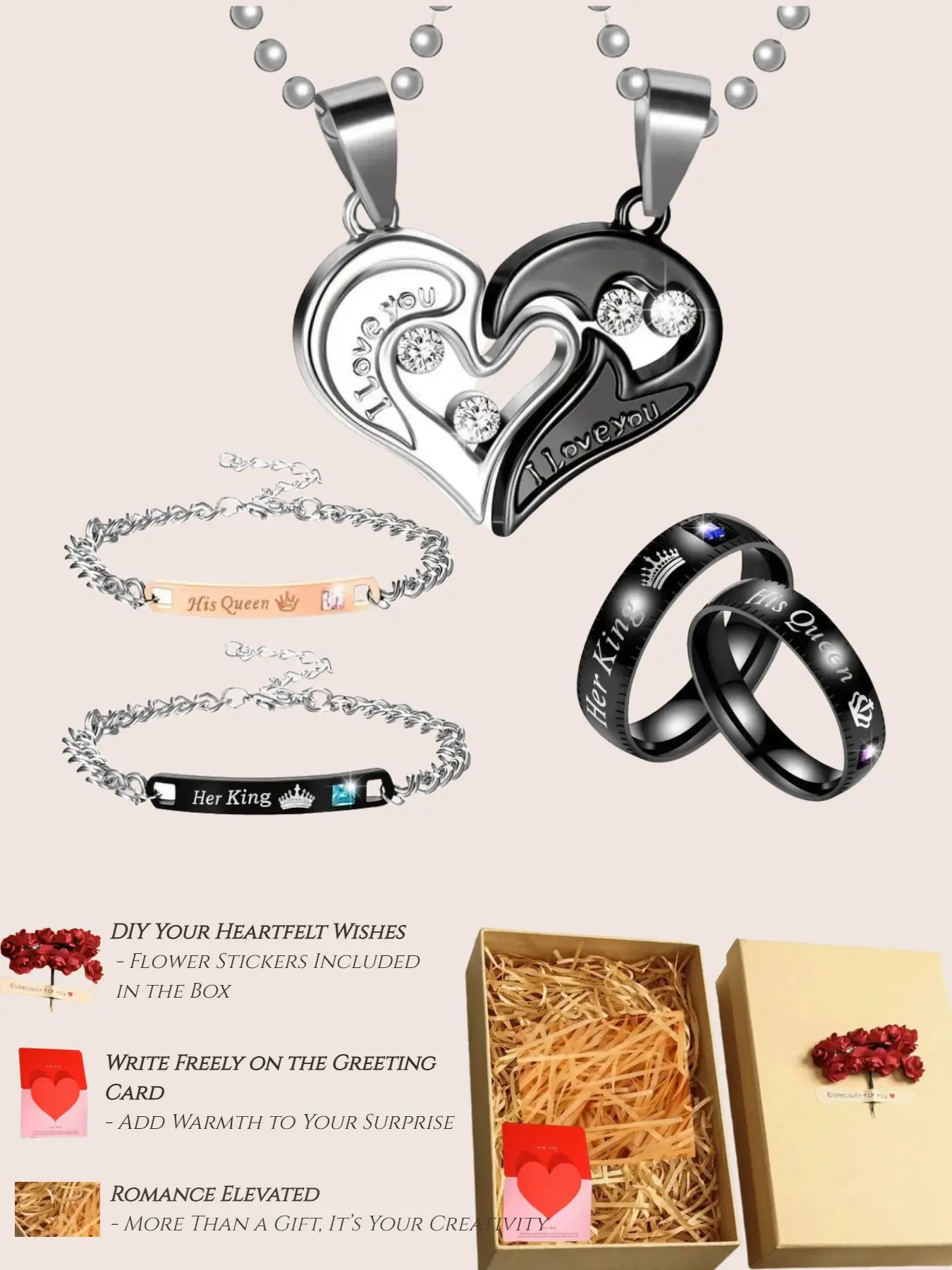 6-Piece Couple Matching Jewelry Set Heart Magnetic Pendant Necklace Bracelet Ring Gift Box Romantic DIY Jewellery Gift Set for Him Her Anniversary Birthday