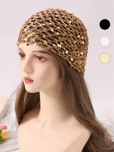 1 piece Women's Fashion Hollow Crochet Sequin Beanie, Women's Slouchy Cap, Solid Color Slouchy Hat, Fashion Simple, Suitable for Daily Wear, Fashion Party, Spring Summer Autumn Use, Breathable, Personalized Decoration.