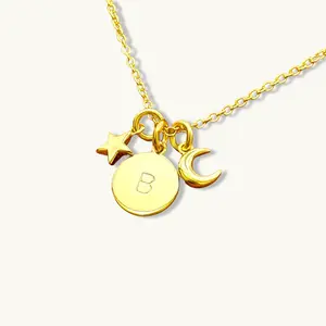 Custom Round Initial with Moon, Star Necklace
