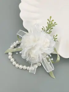 Mother's Day Gift Simulation Chiffon Flower Crown Bridesmaid Pearl Bracelet, Fashionable Wedding Accessories for Bridesmaid, Wedding Party Decoration Supplies, Beaded Bracelet