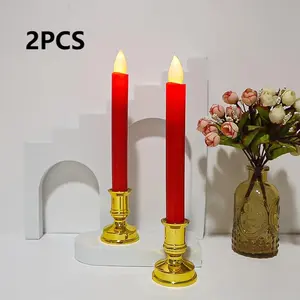 2pcs Electronic Candles Led Swing Long-stem Candles with Base Red Rod Wax Birthday Wedding Decoration Candle Lights Simulation Candles