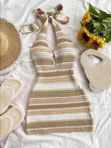 Macaron Color Swimsuit Cover-Up Hollow Out Multicolor Knit Dress, Unique Design Color Block Fashion Halter Casual Boho Long Dress Women