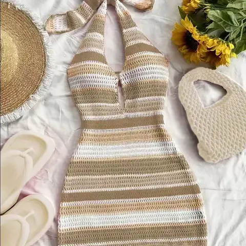 Macaron Color Block Hollow-Out Knit Swimsuit Cover-Up, Boho Halter Beach Dress for Women, Summer Coverup, Swimsuits Cover Ups