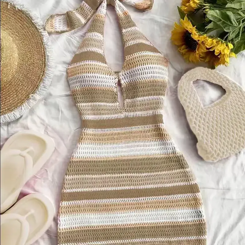 Macaron Color Block Hollow-Out Knit Swimsuit Cover-Up, Boho Halter Beach Dress for Women, Summer Coverup, Swimsuits Cover Ups