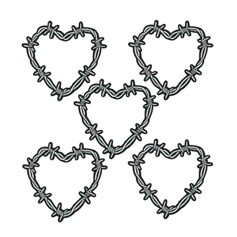 5Pcs Gothic Barbed Wire Heart Embroidered Patches, Iron-On Appliques for Clothing, Jackets, Bags, DIY Sewing Embellishments, Appliques Embellishments