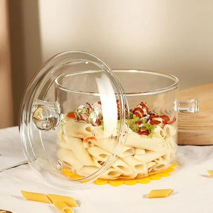 Heat Resistant Glass Saucepan with lid & Handle, Handmade Cookware Set stovetop Pot For Pasta, Noodle, Soup, Milk