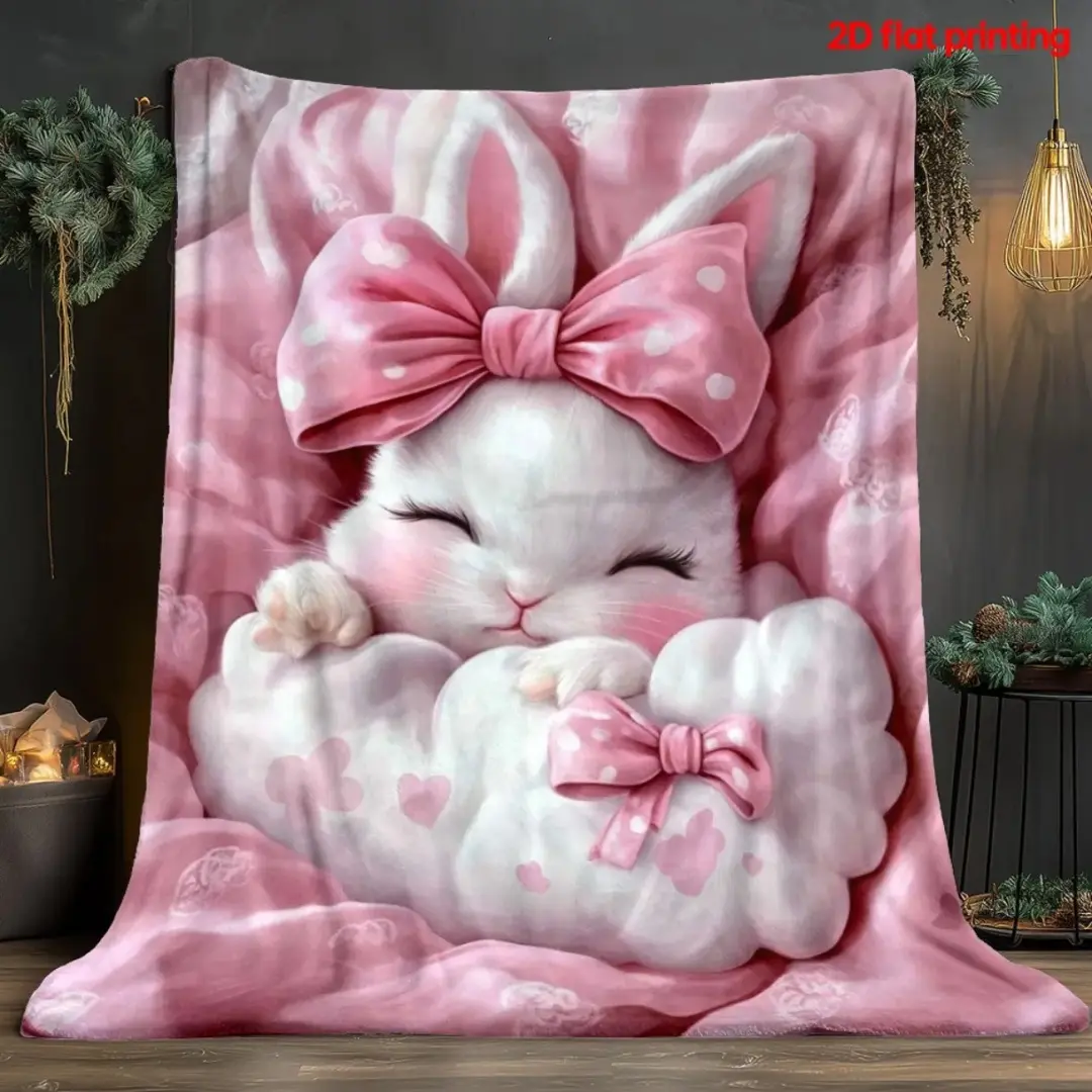 Cute White Bunny Pink Bow Flannel Throw Blanket – Ultra Soft Cozy Rabbit Fleece Blanket for Sofa, Bed, Bedroom & Travel, Kawaii Home Decor, All Season Gift for Girls, Kids & Bunny Lovers