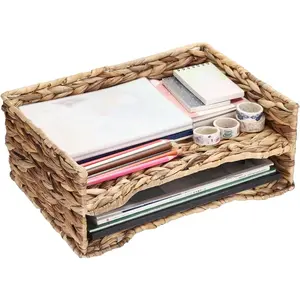 2 Tier Water Hyacinth Letter File Storage Basket, Woven Paper Organizer Tray A4 File Tray Magazine Holder Tray Woven Basket for Desk Document Office Paper Organizer and Storage