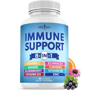 NEW AGE 8 in 1 Immune Support Booster Supplement with Echinacea, Vitamin C and Zinc 50mg, Vitamin D 5000 IU, Turmeric Curcumin & Ginger, B6, Elderberry 60 Count (Pack of 1)