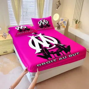 Marseille team emblem co branded printed bed sheet set, ,Includes 1 Bed Sheet & 2 Pillowcases without Filler, simple and trendy style, delicate and breathable, multiple styles to choose from, suitable for all seasons.