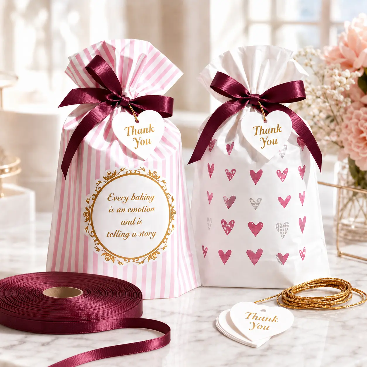 50-Pack 5-in-1 Gift Packaging Kit - Metallic Matte Satin Striped CPE Drawstring Bags, Gold Foil Thank You Tags, Gold Cords, 100yd Burgundy Ribbon for Event Favoring, Mini Gifts, Boutique Graduation Goodie Bags