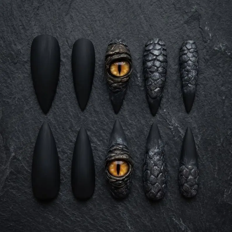 Stiletto Dragon Scale Halloween Press On Nails, Mystical Dragon Eye Nail Design Nail Art Kit Nail Box backtoschool