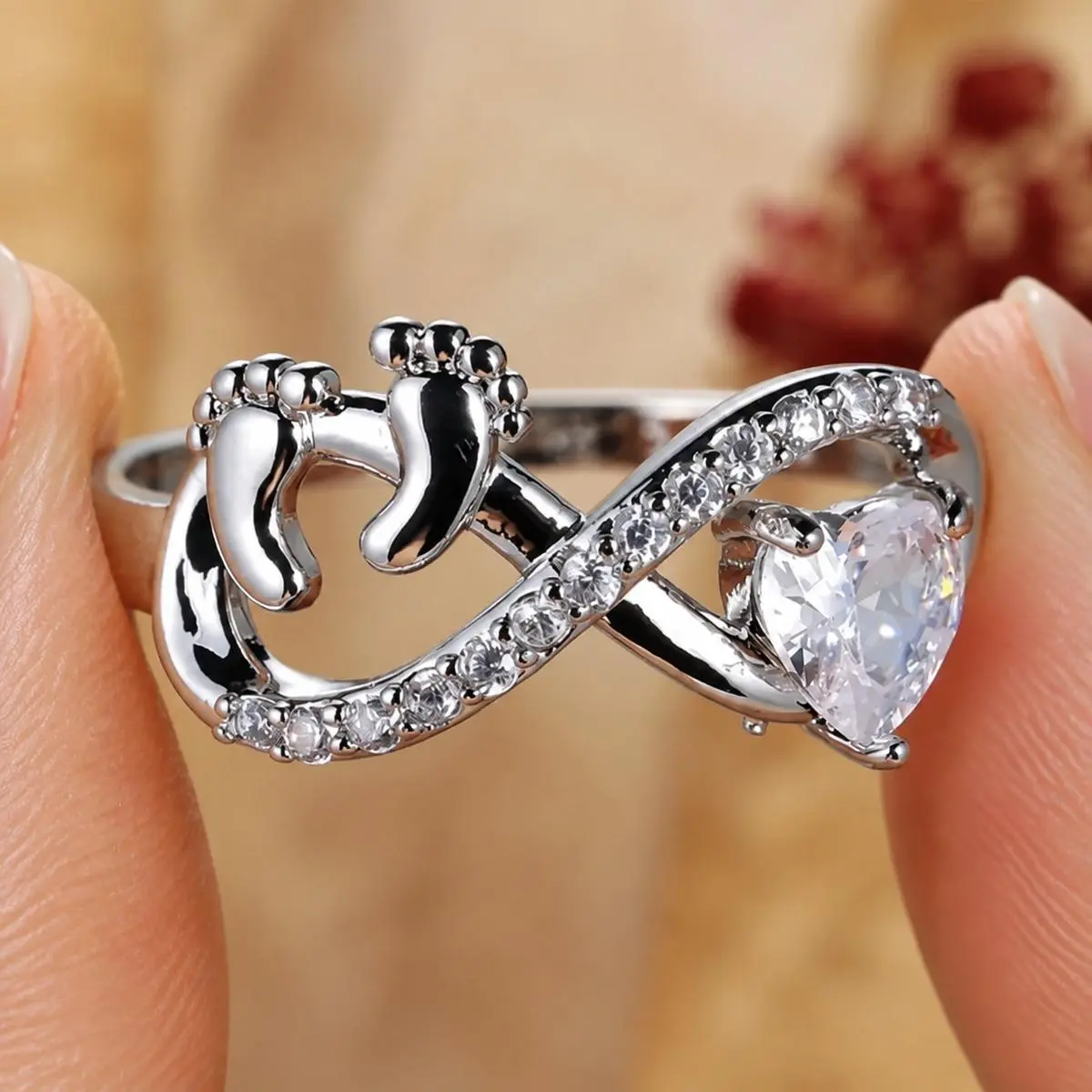 Baby Footprint Infinity Heart Ring for Women, Silver-Tone Cubic Zirconia Statement Ring, Meaningful Wedding and Everyday Jewelry