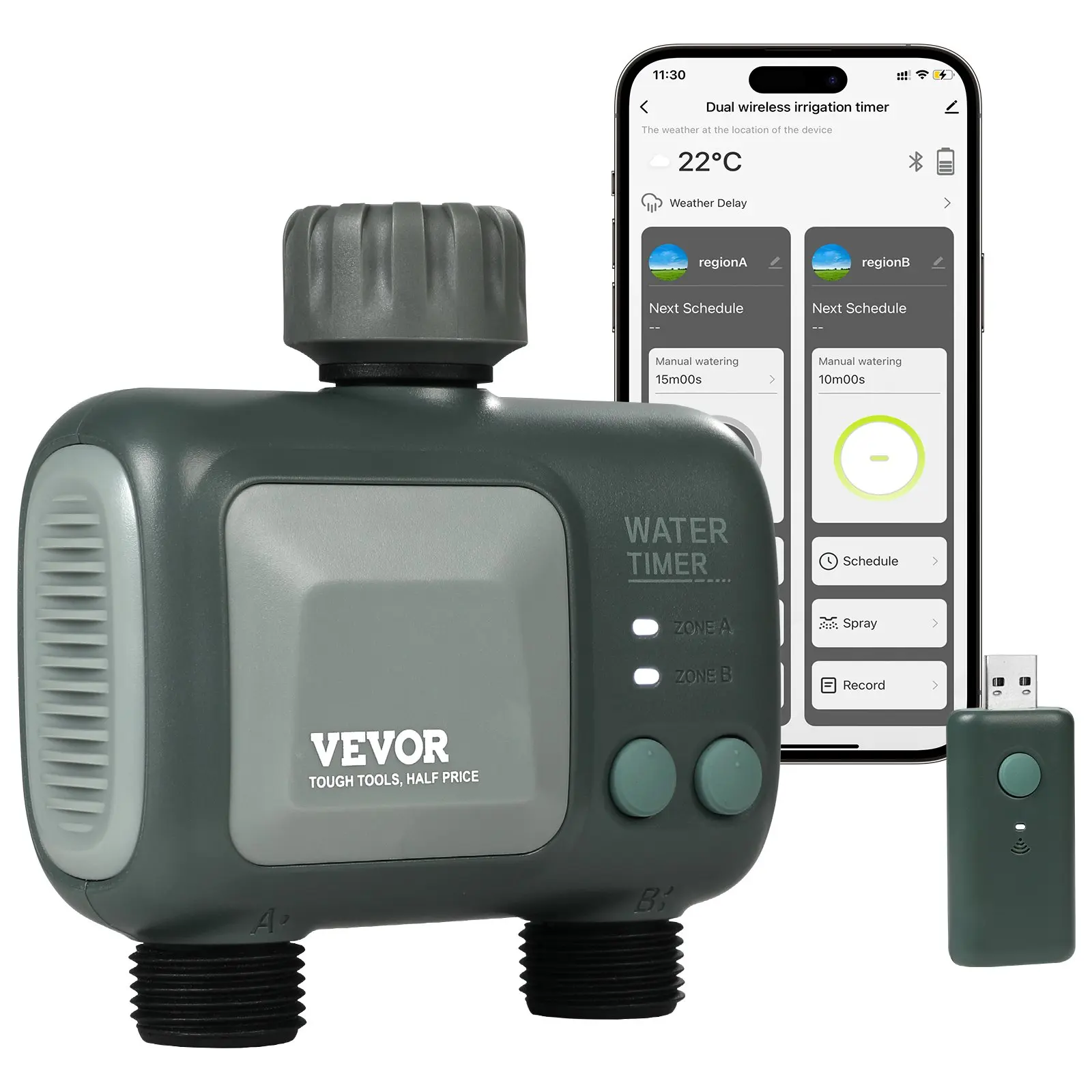 VEVOR WiFi Garden Water Timer, 2-Outlet Smart Hose Faucet Timer with Brass Inlet & Batteries, 2.4Ghz WiFi/Bluetooth APP Control, Alexa/Google Voice Control, 0.95 lbs, 4.8x2.2x5 in, IPX6 Rated, 5 Independent Watering Schedules, Rain Delay for Yard Watering