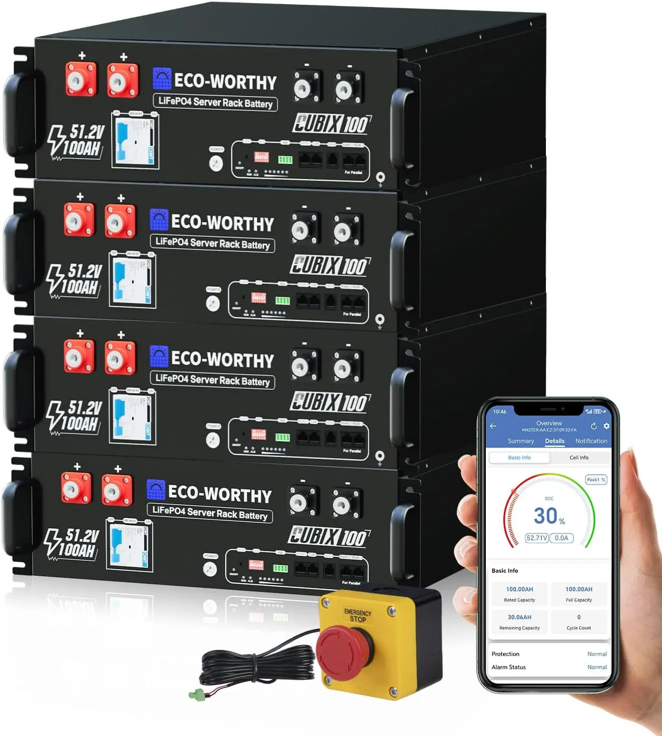 ECO-Worthy Cubix100 48V 400Ah 20.48kWh LiFePO4 Lithium Battery, UL9540 & UL1973 & CEC Listed, 4 Pack 48V 100AH Server Rack Battery with Bluetooth for Solar Energy Storage, Home Backup Power