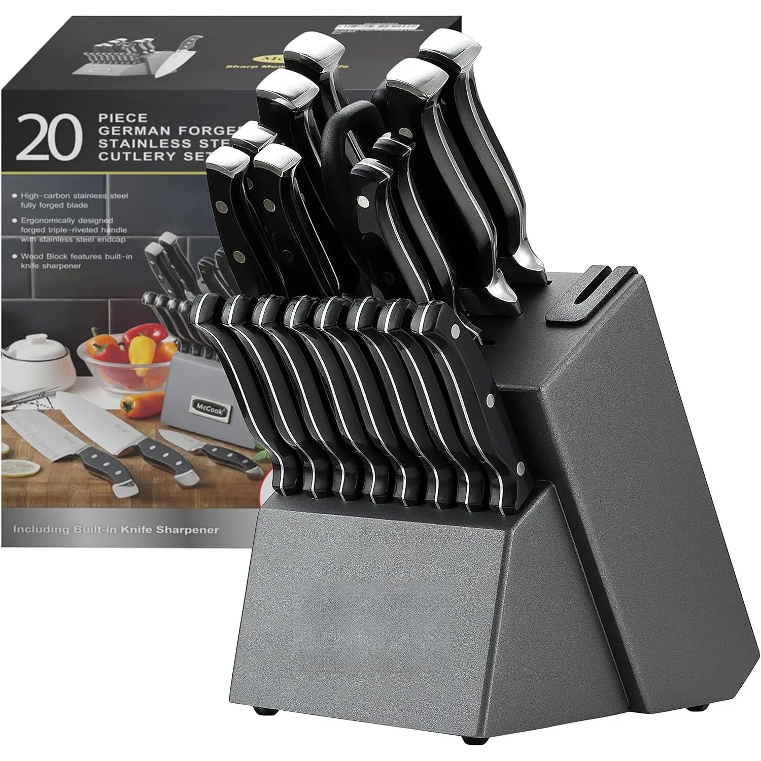 McCook ®   Knife Sets, German Stainless Steel Forged Kitchen Knives Block Set with Built-in Knife Sharpener Steak Handles