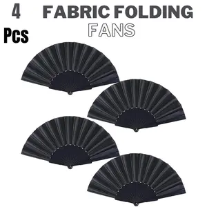 Black Folding Hand Fans Fabric Fans Chinese Japanese Style Summer Handheld Fan for Party, Wedding, Gifts, Wall Decoration,Photographic Props (Black-4pcs)