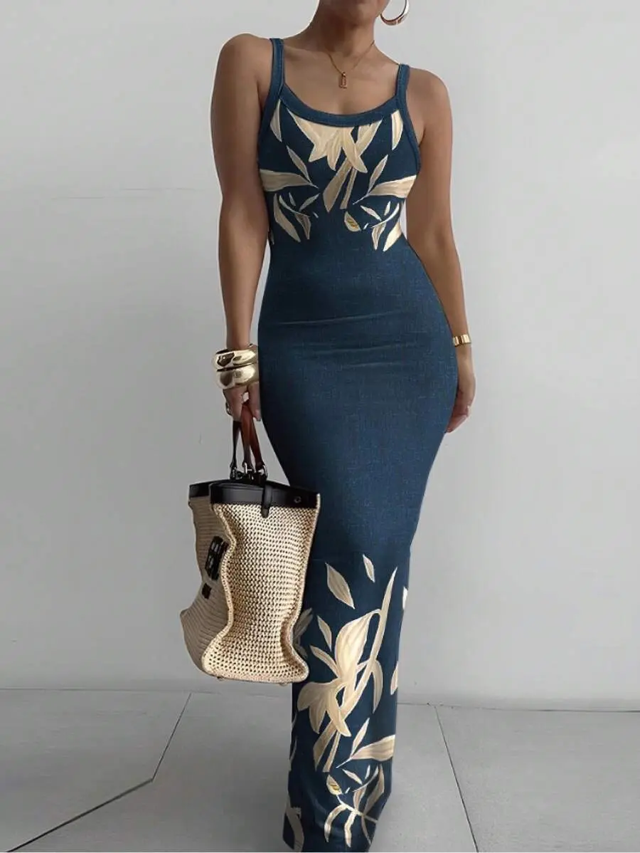 Ladies' Solid Color Printed Patchwork Daily Spaghetti Strap Dress