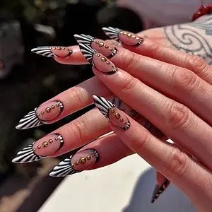 SHEDARES Zebra Punk – Handmade Black & White Zebra Stripe Long Stiletto Press-On Nails with Gold Stud Accents – Ideal for Parties, Festivals &Vacation
