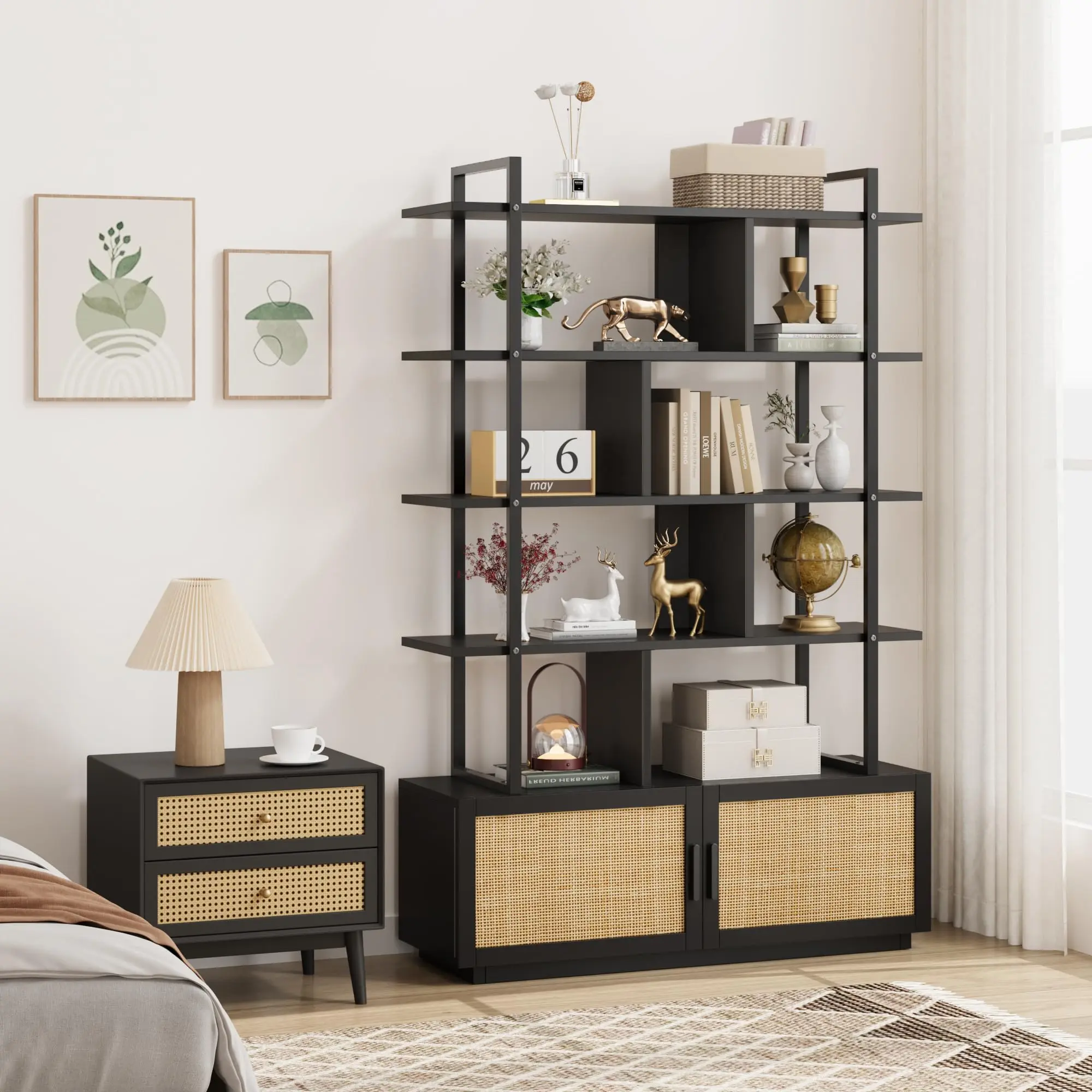 GARVEE Black Rattan Bookshelf,71.1 Inch Tall Industrial Bookcase with Storage Door, Bookshelves and Bookcases with Open Display Shelves,5 Shelf Bookcase with Metal Frame for Living Room