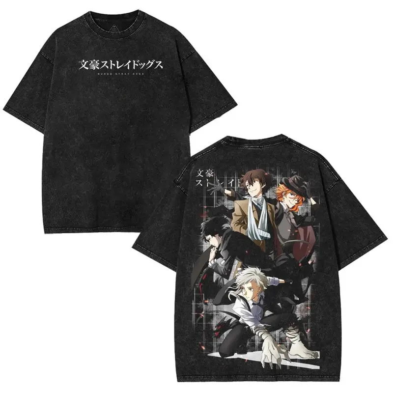 Bungou Stray Dogs Wash Tee, Anime Group Graphic Shirt with Dazai and Friends, Dark Vintage Style for Otaku Fans