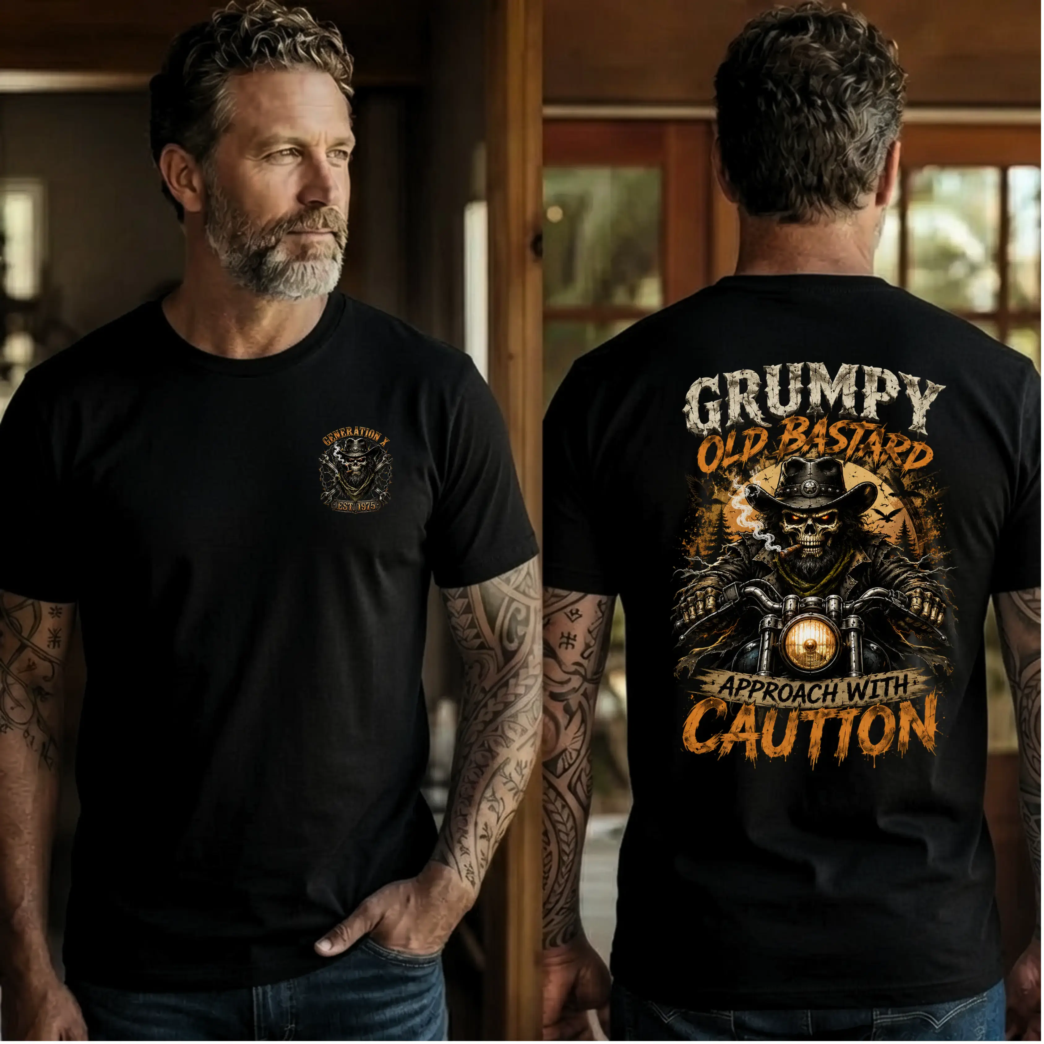 Custom Birth Year Generation X T-Shirt, Grumpy Old Bastard Biker Skull Tee