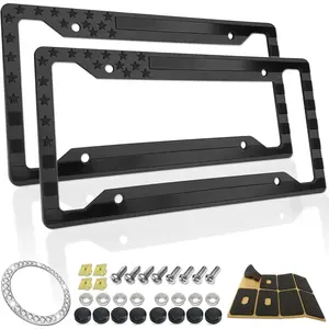 Flag License Plate Frames- Black Plastic Patriotic  Tag Holder with Mounting Hardware & Screws Caps,2 Pack 4 Holes for Front Rear