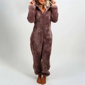 Women Plush 3D Ear Hooded Long Sleeve Jumpsuit Pajamas, Suitable For Autumn/Winter
