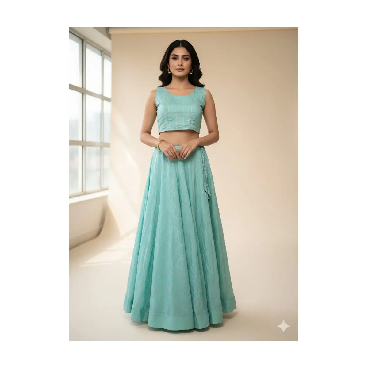 #K61 Stunning Light Turquoise & Gold Two-Piece lehenga set (Unstitched sleeve attached in blouse)
